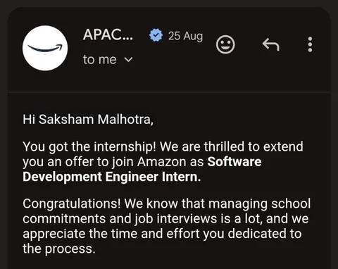 Amazon SDE internship offer email